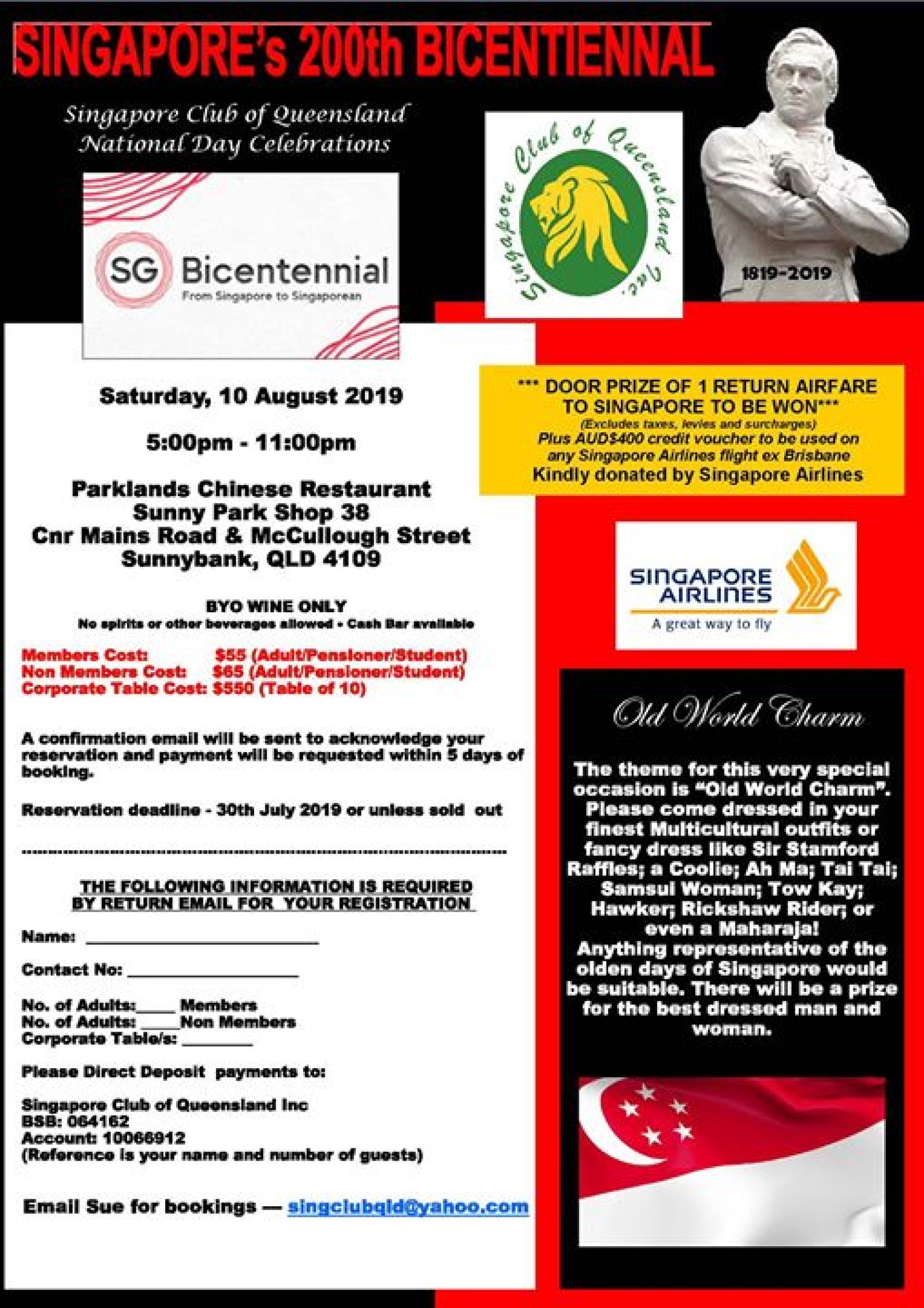 Singapore Club is celebrating Singapore’s 200 Bicentennial & Singapore National Day celebration on the…